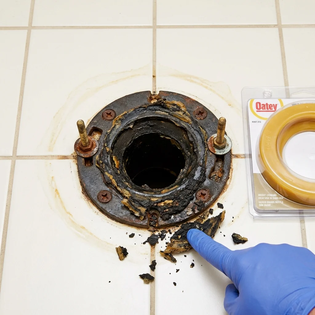 Failed wax ring showing water seepage at the base of a toilet in a Warren, PA home