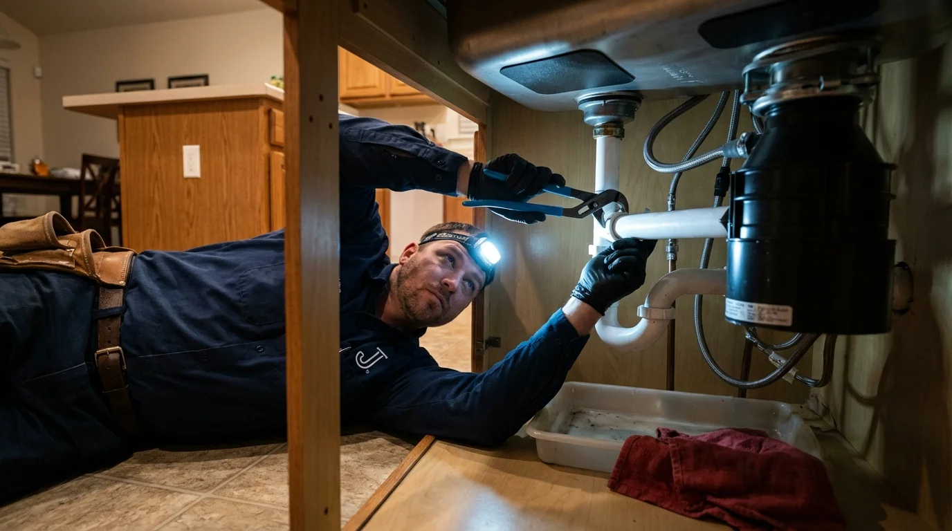P-trap and supply line connections under a kitchen sink showing a common leak point in Warren, PA